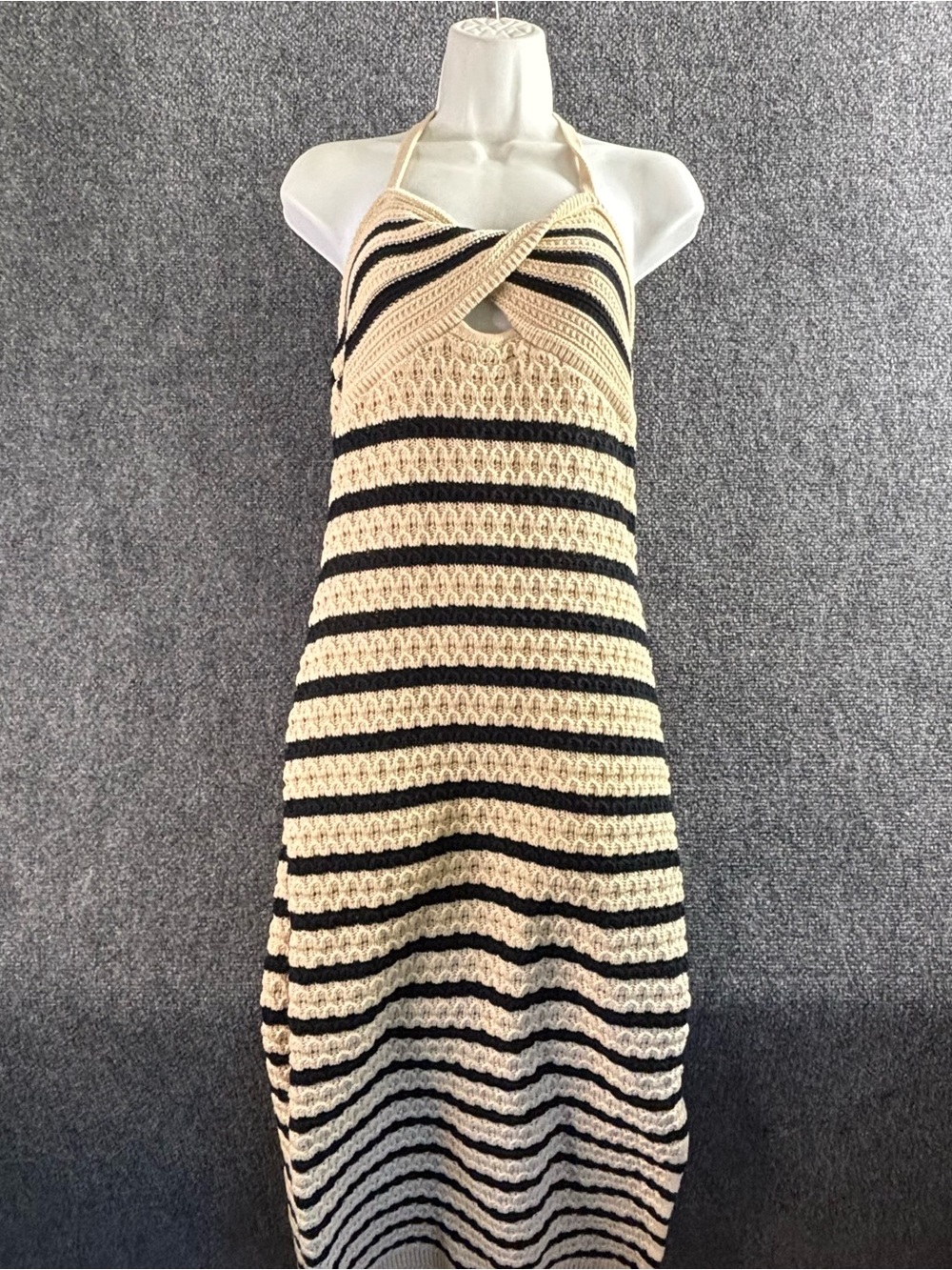 Crocheted Halter Maxi Dress in Cream and Black Stripes